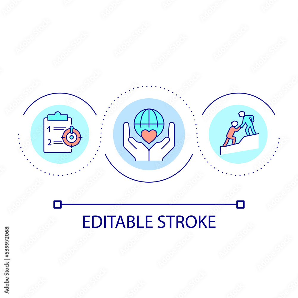Volunteering activity loop concept icon. Supportive program providing. Social organization abstract idea thin line illustration. Isolated outline drawing. Editable stroke. Arial font used Volunteering activity loop concept icon. Supportive program providing. Social organization abstract idea thin line illustration. Isolated outline drawing. Editable stroke. Arial font used