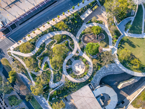 Canvas Print Waterloo Park aerial view of concrete curved abstract pathways at Austin, Texas