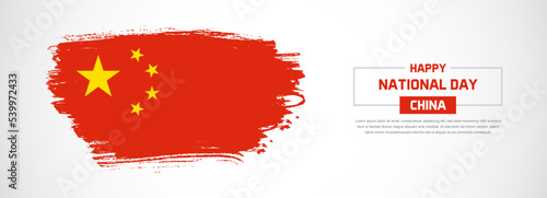 Abstract flag of China on hand drawn brush strokes. Happy Independence Day with grunge style vector background