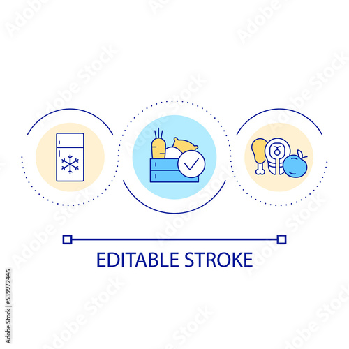 Healthy food storing loop concept icon. Fresh products for diet. Choose right ration abstract idea thin line illustration. Isolated outline drawing. Editable stroke. Arial font used