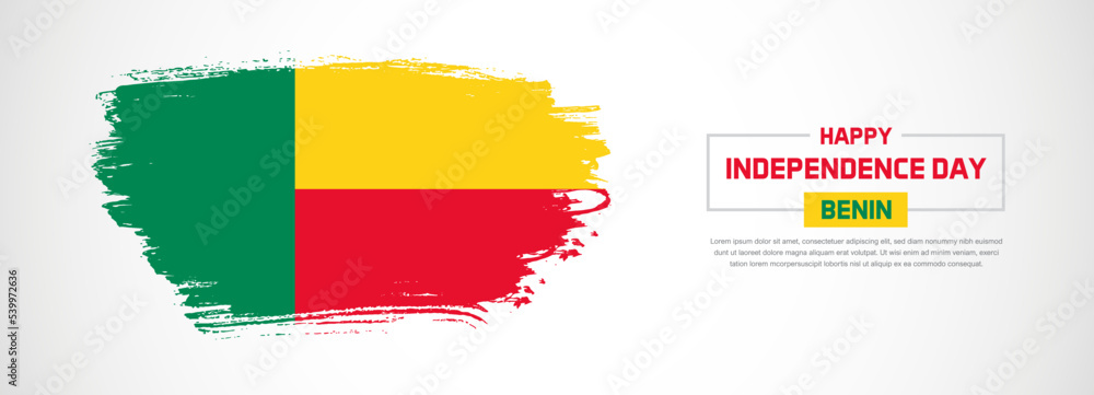 Obraz premium Abstract flag of Benin on hand drawn brush strokes. Happy Independence Day with grunge style vector background