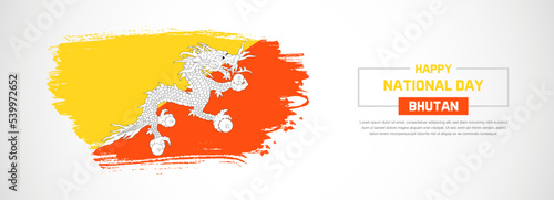 Abstract flag of Bhutan on hand drawn brush strokes. Happy Independence Day with grunge style vector background