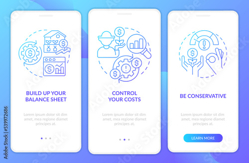 Farming financial tips blue gradient onboarding mobile app screen. Walkthrough 3 steps graphic instructions with linear concepts. UI, UX, GUI template. Myriad Pro-Bold, Regular fonts used