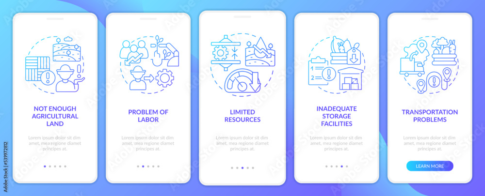 Major farm challenges blue gradient onboarding mobile app screen. Agriculture walkthrough 5 steps graphic instructions with linear concepts. UI, UX, GUI template. Myriad Pro-Bold, Regular fonts used