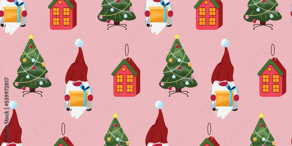 Seamless pattern with a cute gnome holding a Christmas gift box, decorated pine tree, Christmas decorative house on pink background. For textile, paper, wrapping, packaging. Seamless pattern with a cute gnome holding a Christmas gift box, decorated pine tree, Christmas decorative house on pink background. For textile, paper, wrapping, packaging.