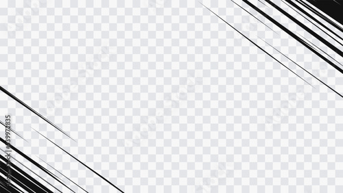Abstract comic book flash explosion radial lines on transparent background. Vector illustration superhero design. Bright black light strip burst. Flash ray blast glow. Speed lines Manga frame. Anime