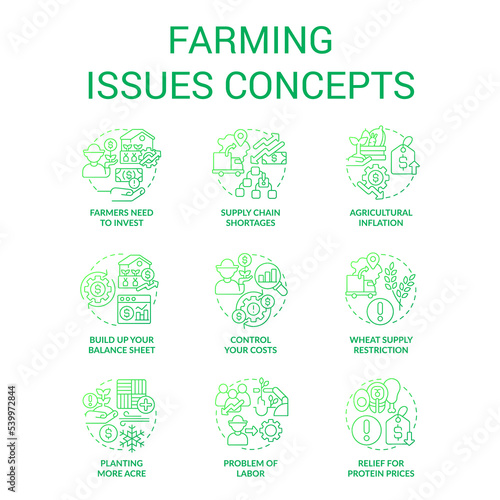 Agronomy issues green gradient concept icons set. Agriculture business problem. Challenges farmers face idea thin line color illustrations. Isolated symbols. Roboto-Medium, Myriad Pro-Bold fonts used