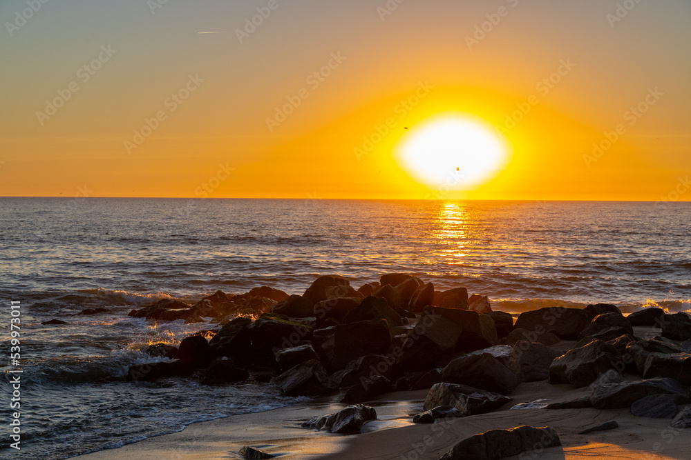Obraz premium Sunset on the beach, Horizon by the sea, Rocks and birds