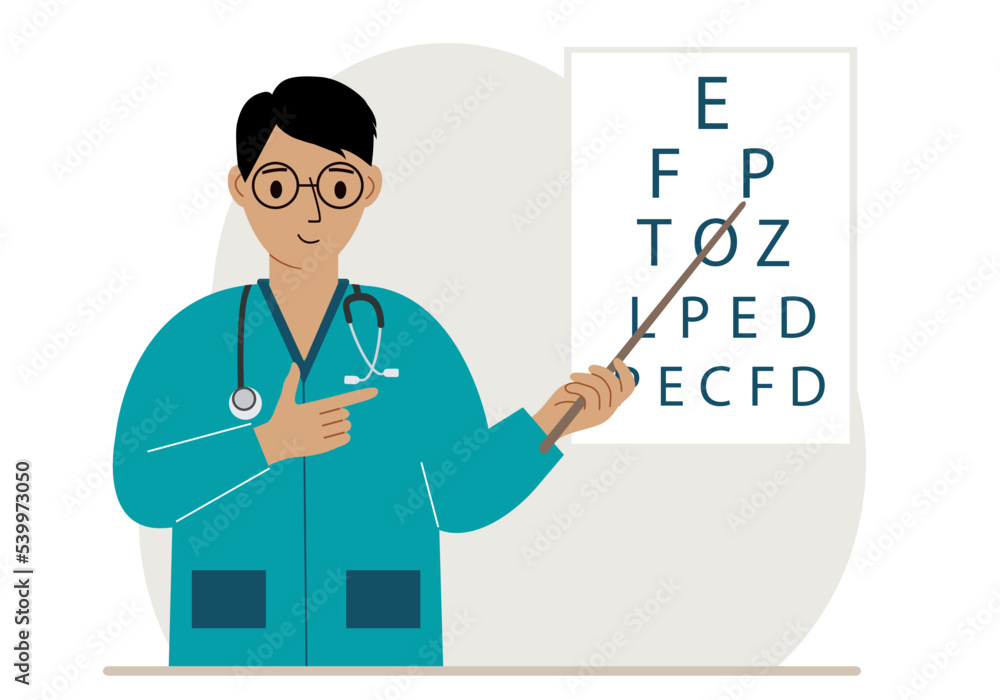 Ophthalmologist near the vision test table. Diagnosis and eye examination. Optometrist checks eyesight and chooses glasses. Ophthalmologist near the vision test table. Diagnosis and eye examination. Optometrist checks eyesight and chooses glasses.