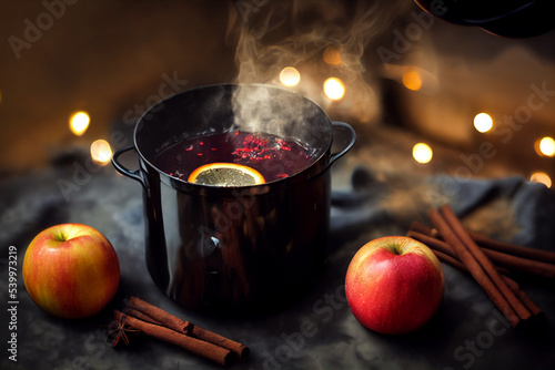 glass of mulled wine and apple and cinnamon digital illustration background photo