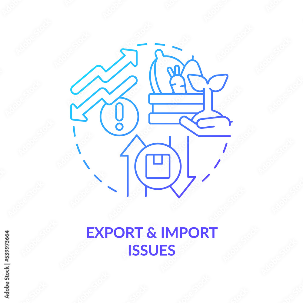 Agro export and import issues blue gradient concept icon. International trade problem. Food delivery issues abstract idea thin line illustration. Isolated outline drawing. Myriad Pro-Bold fonts used Agro export and import issues blue gradient concept icon. International trade problem. Food delivery issues abstract idea thin line illustration. Isolated outline drawing. Myriad Pro-Bold fonts used
