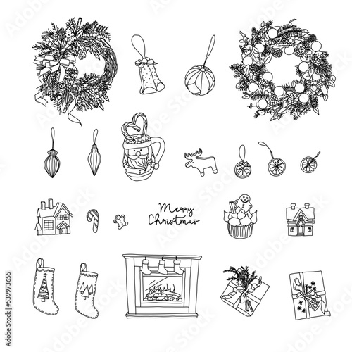 Christmas set of doodle elements. Hand drawn doodle elements in linear style. To create designs, decoration. New Year's set of stickers.
