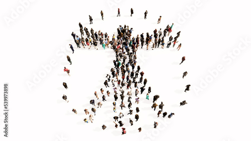 Tableau sur toile Concept or conceptual large gathering  of people forming an image of the vitruvius man on white background