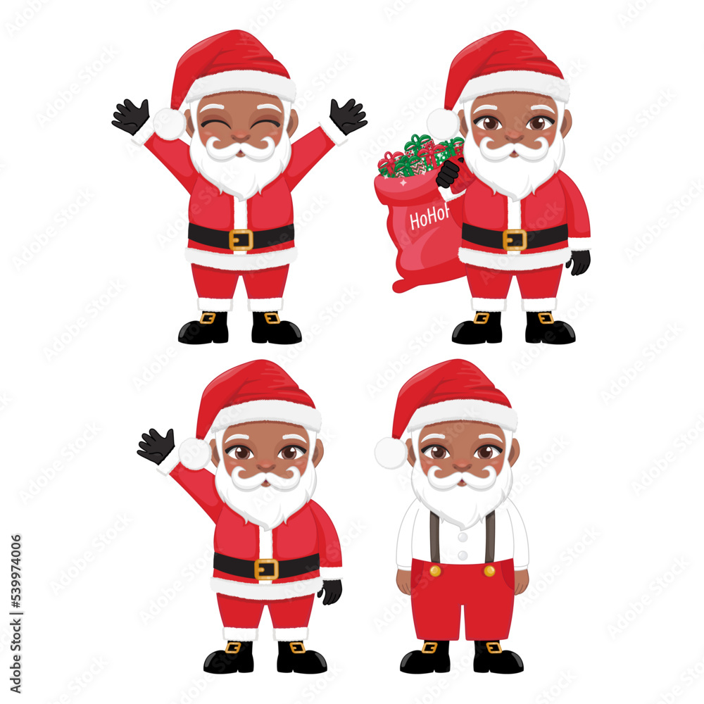 Set of Black Santa Claus Vector isolated on white background. Cute Afro Santa Cartoon Character with gift, bag with presents, waving and greeting, Casual Santa. For Christmas cards, banners Set of Black Santa Claus Vector isolated on white background. Cute Afro Santa Cartoon Character with gift, bag with presents, waving and greeting, Casual Santa. For Christmas cards, banners