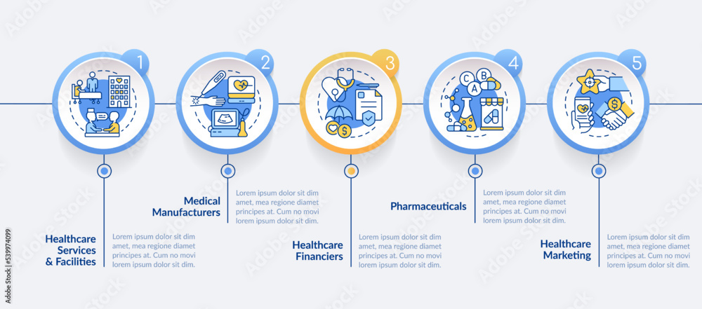 Healthcare sector key segments circle infographic template. Health market. Data visualization with 5 steps. Editable timeline info chart. Workflow layout with line icons. Lato Bold, Regular fonts used