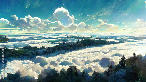 WIde Angle Japanese Anime Landscape Background. Clear Sky with Dynamic Cloud. Above Cloud. Beyond Atmosphere. Sunlight See Through Cloud Beautiful Scenery. 