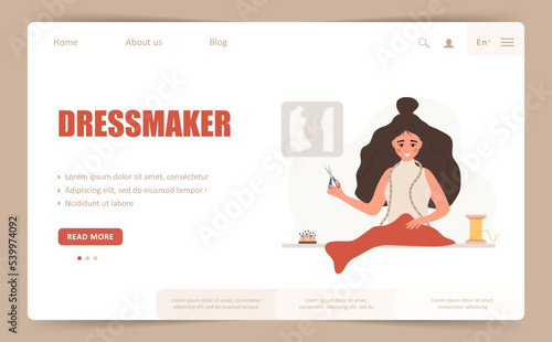 Dressmaker landing page or web banner template. Woman seamstress with scissors cuts red fabric. Fashion designer or tailor. Vector illustration in flat cartoon style.