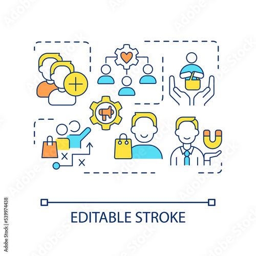 Attract new clients concept icon. Customer relationship management. Expand consumer. Generate lead abstract idea thin line illustration. Isolated outline drawing. Editable stroke. Arial font used