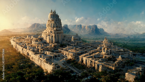 Aerial view of an ancient Middle Ages town with a lake and a feudal antique city in the foreground. Wallpaper concept art featuring historic medieval time. Ai generated art illustration