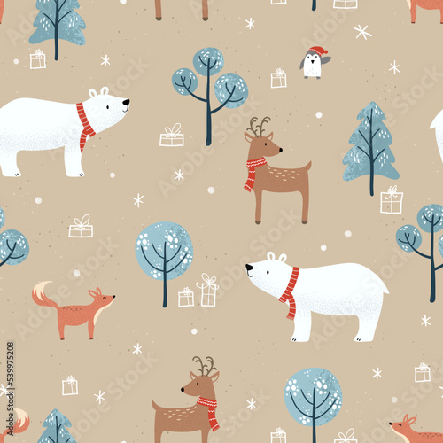 Cute hand drawn animals seamless pattern, winter background, christmas design - great for wallpapers, wrapping paper, fabrics - vector design