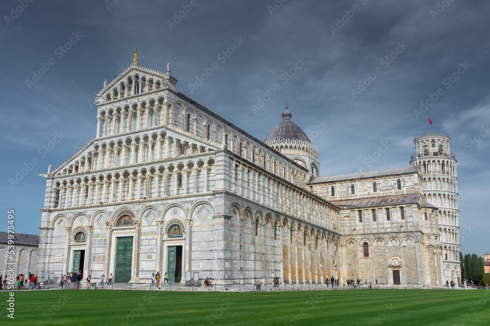 Pisa, Italy,  14 April 2022: View of the Cathedral and the leaning tower