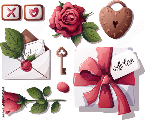 valentine's day illustration with roses, gift box, love lettr, lock and key photo