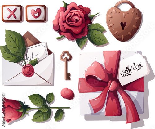 valentine's day illustration with roses, gift box, love lettr, lock and key