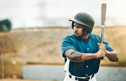 Canvas Print Baseball player, training and bat for fitness workout on outdoor sports field