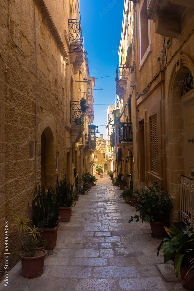 View of an ancient street in Birgu old town, one of the Three Cities of  Malta