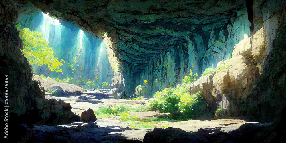 WIde Angle Japanese Anime Landscape Background. Clear Sky with Dynamic