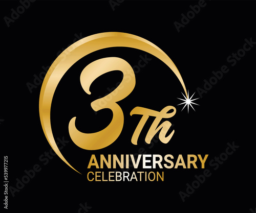 3th Anniversary ordinal number Counting vector art illustration in stunning font on gold color on black background