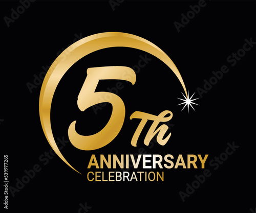 5th Anniversary ordinal number Counting vector art illustration in stunning font on gold color on black background
