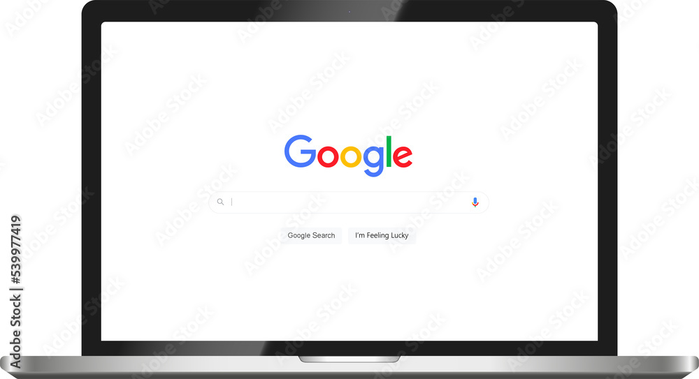 Realistic laptop mockup with Google search engine on the screen. Google