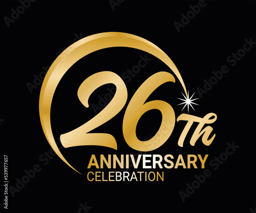 26th Anniversary ordinal number Counting vector art illustration in stunning font on gold color on black background photo