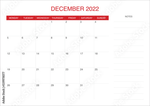 Calendar December 2022 with red color
