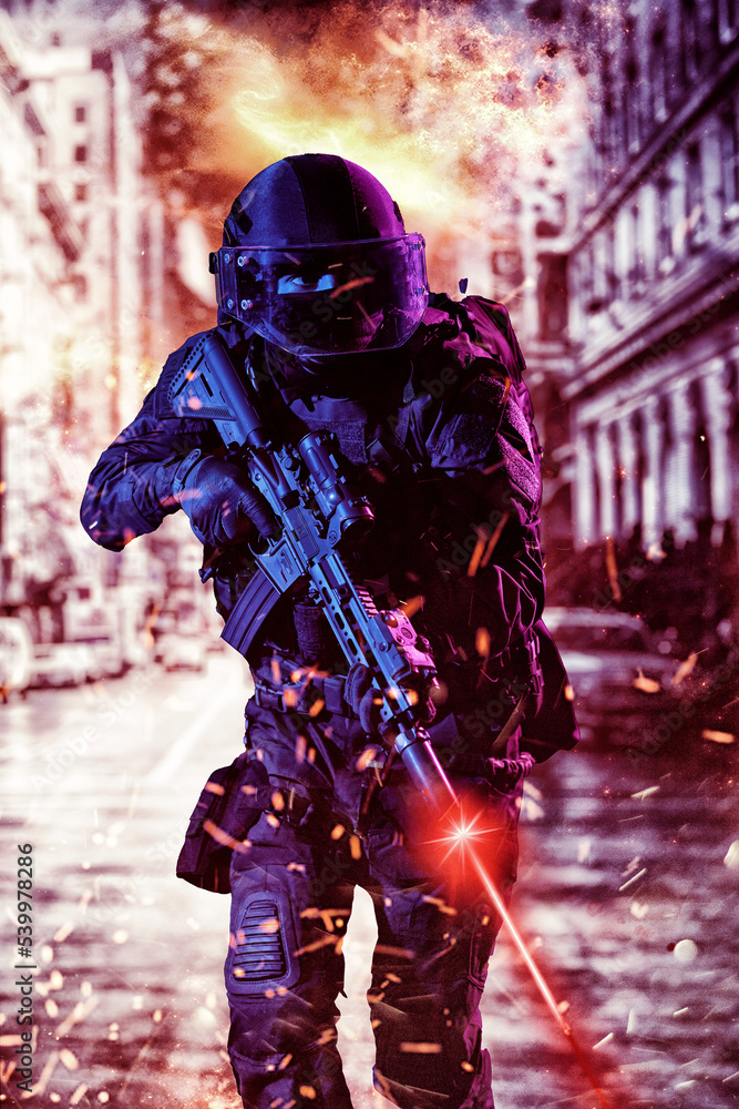Army soldier in Combat Uniforms with an assault rifle and combat helmet night mission dark background. Blue and purple gel light effect. Army soldier in Combat Uniforms with an assault rifle and combat helmet night mission dark background. Blue and purple gel light effect.