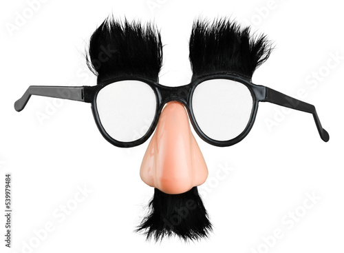 Close-up photo of black funny mask glasses isolated on white background