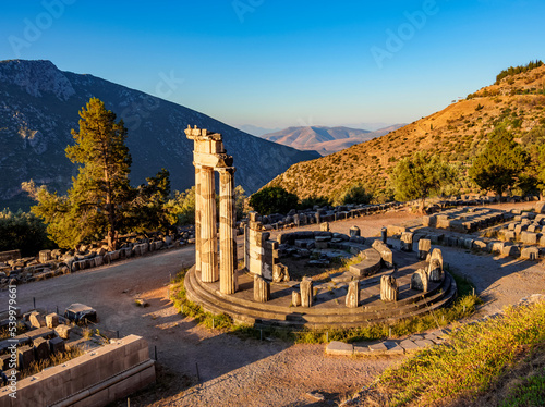 Tholos of Delphi, Temple of Athena Pronaia, sunrise, Delphi, UNESCO World Heritage Site, Phocis photo