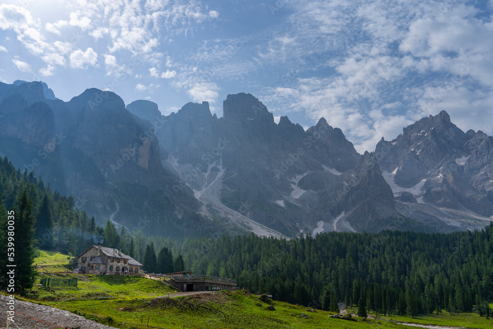 Malga Venegiotta mountain hut, Venegia Valley, Pale di San Martino Park, Dolomites, Trentino, Italy Malga Venegiotta mountain hut, Venegia Valley, Pale di San Martino Park, Dolomites, Trentino, Italy