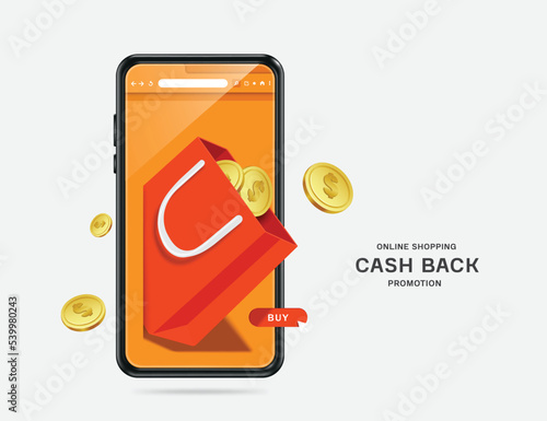 orange shopping bag and gold coins display and floating on smartphone screen,vector 3d isolated on white background for delivery and online shopping concept design,vector for cash back promotion