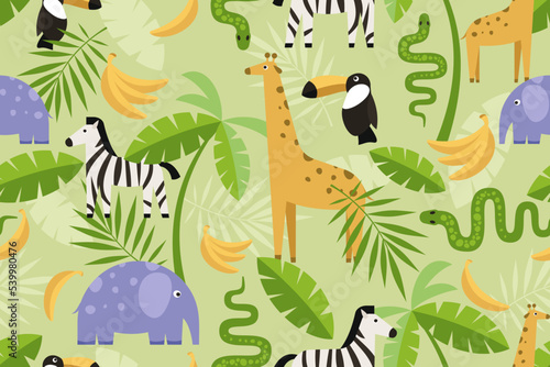 Seamless pattern with cute elephant, zebra, toucan, giraffe and snake. Perfect for baby clothes, baby room decoration, packaging. Flat vector illustration. © Юлия Мелешина