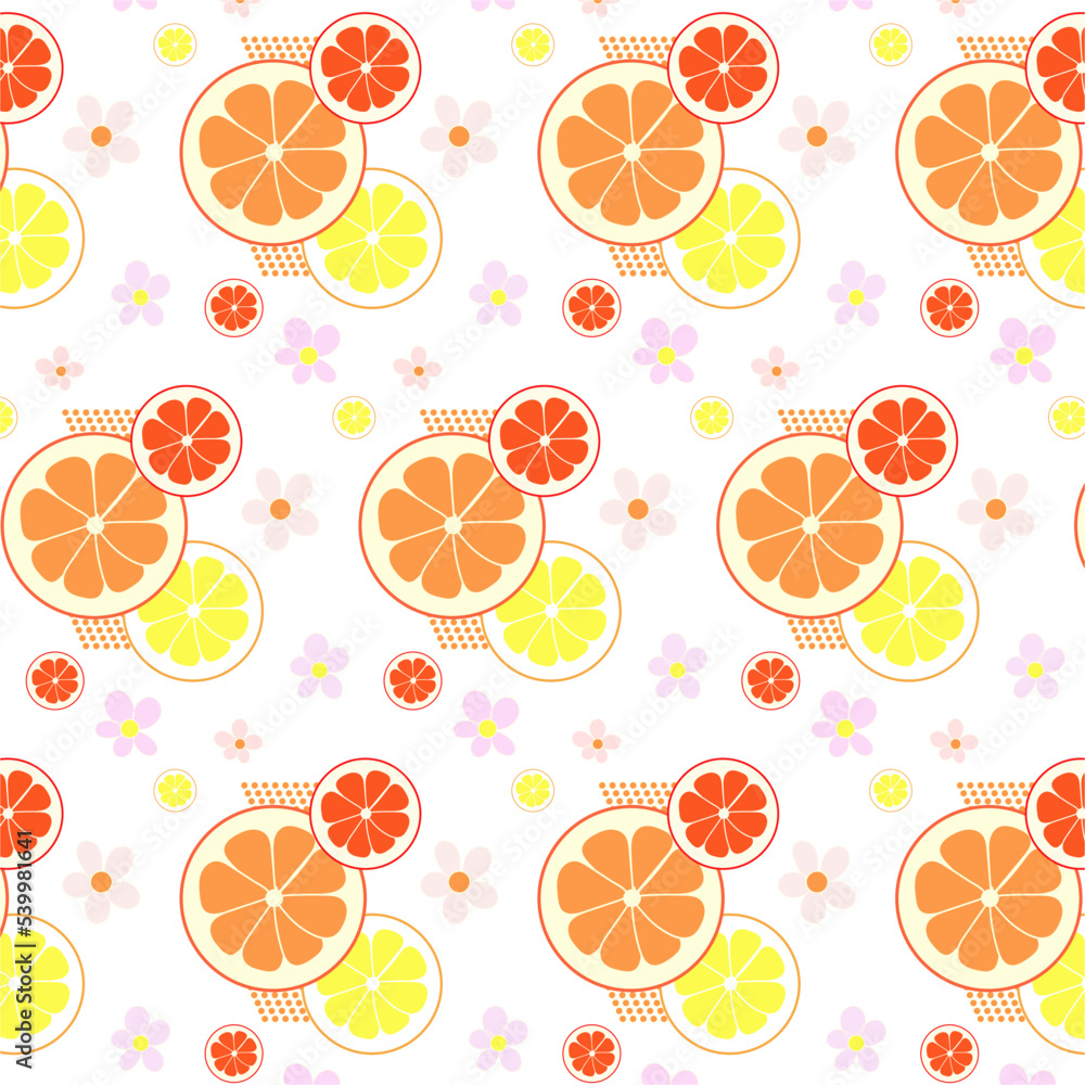 Seamless floral pattern of fruit half orange with flowers on white background. Stylish vector illustration for wallpaper, background, textiles, packaging paper.
