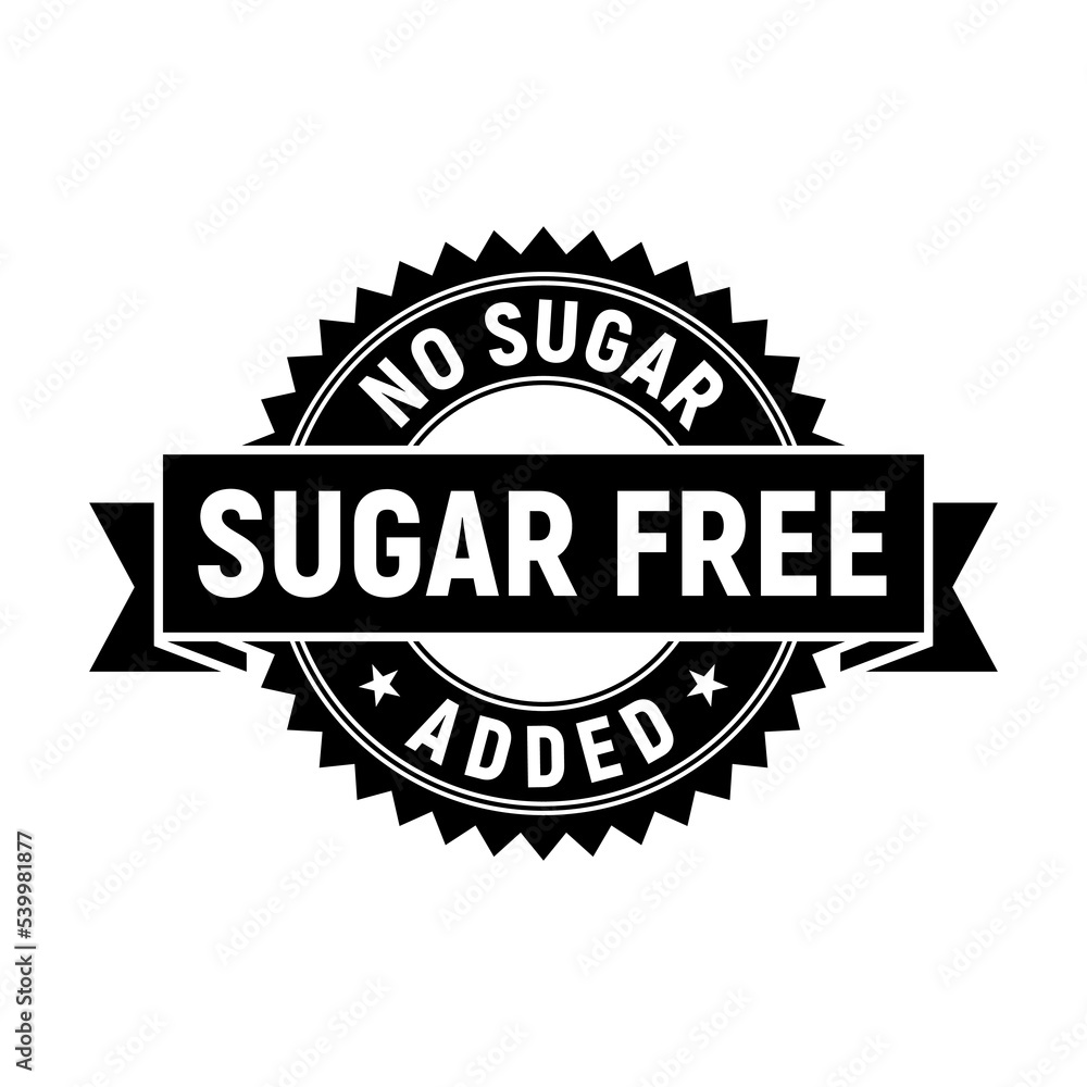 Black and white sugar-free ribbon rubber stamp. Badge no sugar added. Design elements for labels, stickers, banners, posters for food and health business. Vector illustration. Black and white sugar-free ribbon rubber stamp. Badge no sugar added. Design elements for labels, stickers, banners, posters for food and health business. Vector illustration.