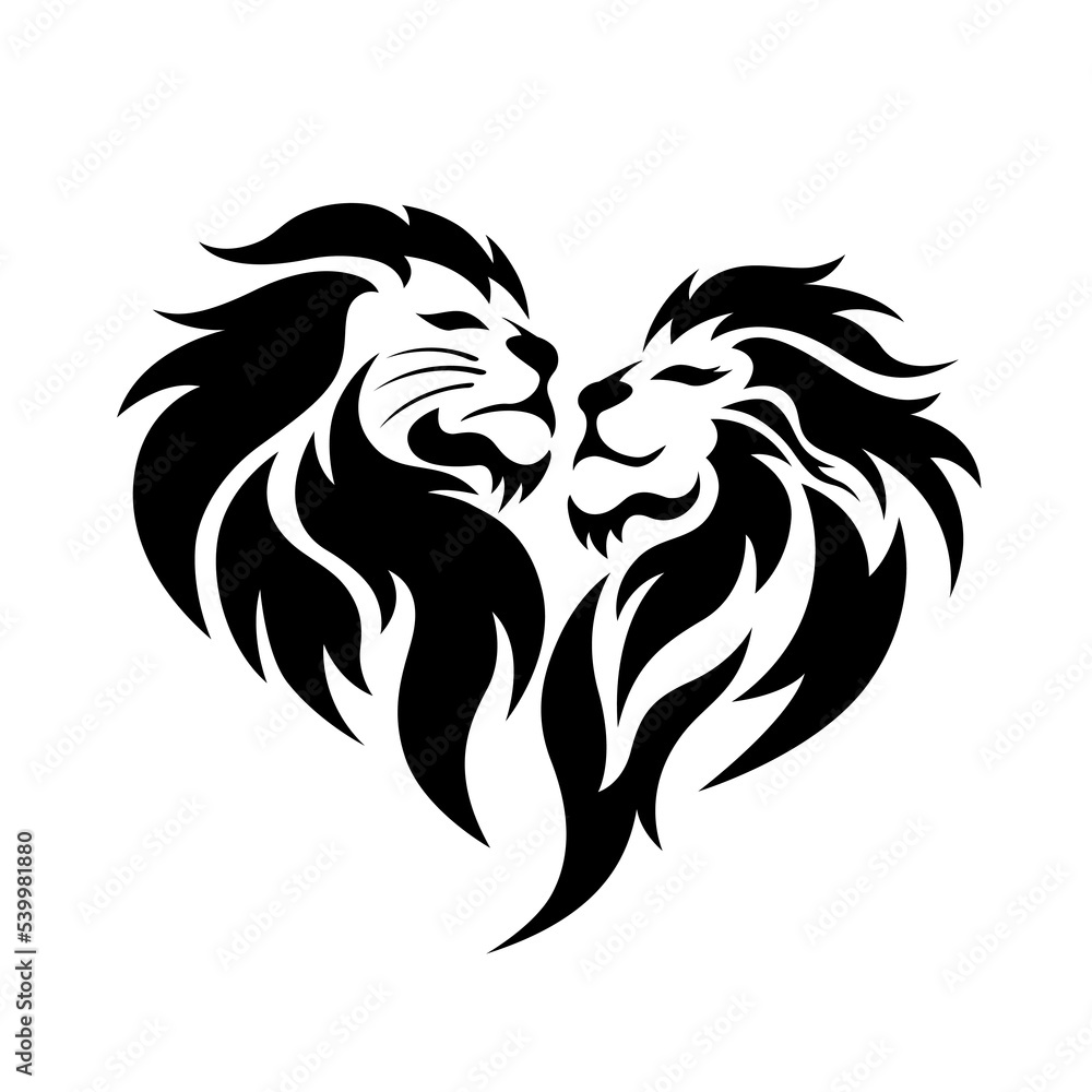 Lover lion pattern in the shape of a heart. Black silhouette head of the lion king and queen. Design for a emblem, logo or icon. Vector illustration. Lover lion pattern in the shape of a heart. Black silhouette head of the lion king and queen. Design for a emblem, logo or icon. Vector illustration.