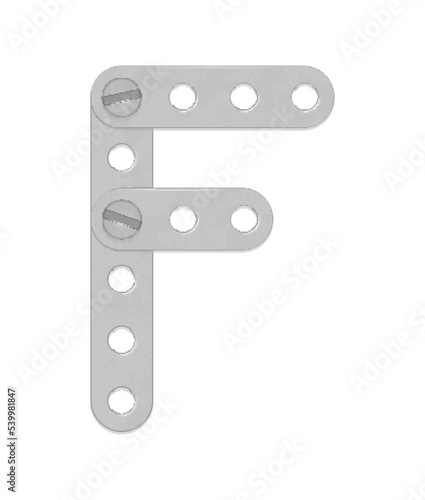 Alphabet from the details of the iron constructor. Letter F. Vector illustration isolated on white background
