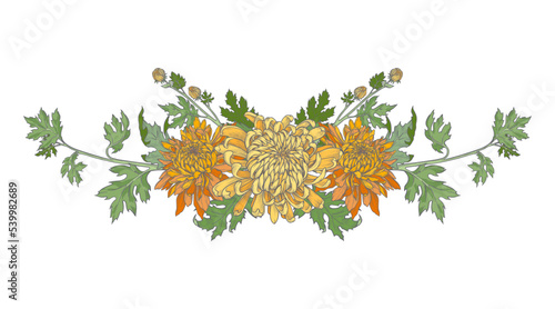 Orange and yellow chrysanthemum flower frame, bouquet. Wedding, anniversary or holiday invitation template. Hand drawn illustration isolated on white background.