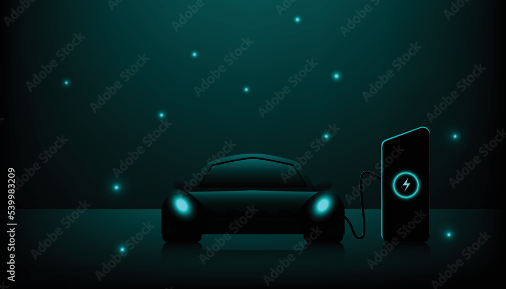 Electric car at charging station. on dark background. EV concept. Vector illustration