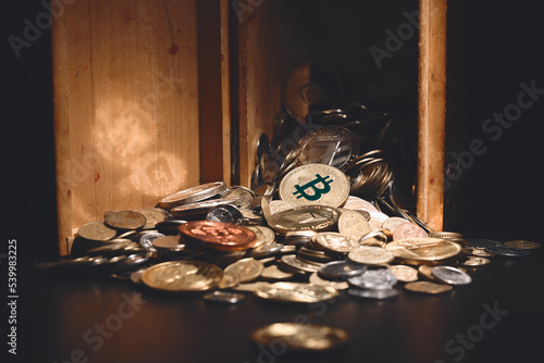 Bitcoin. Cryptocurrency Gold Bitcoin, BTC, Bit Coin. Macro shot of bitcoin coins isolated on black background Blockchain technology, bitcoin mining concept.