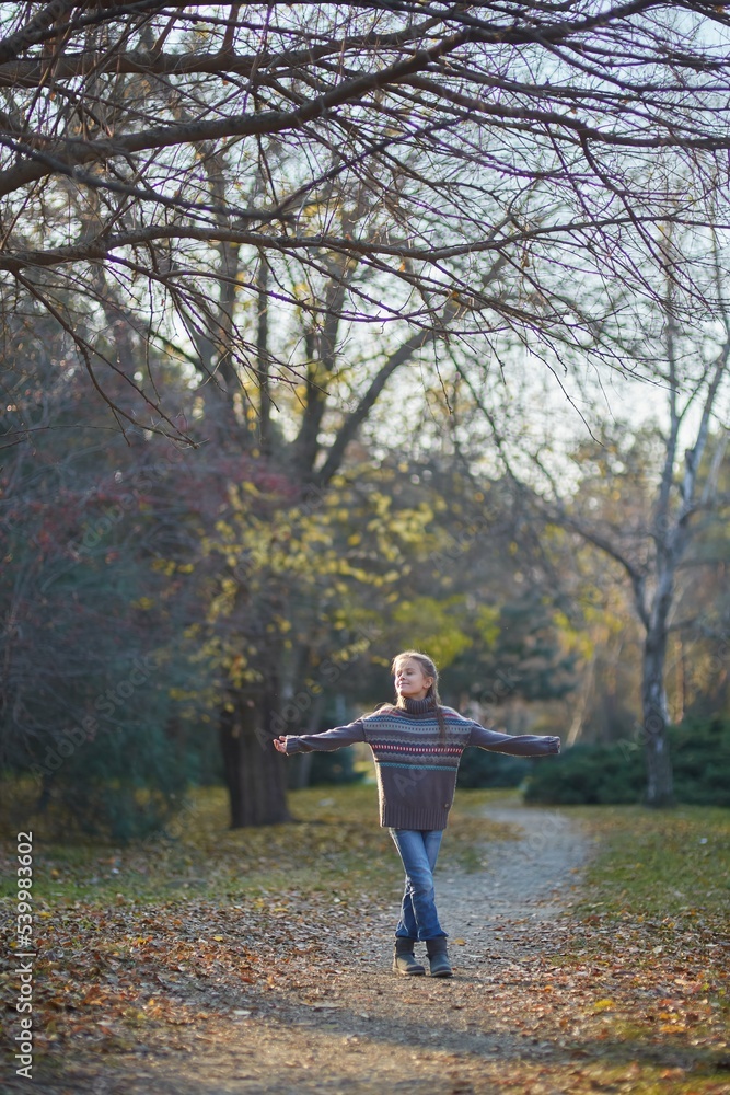 A girl in a knitted sweater in an autumn park. September or October, yellow leaves on trees. A girl in a knitted sweater in an autumn park. September or October, yellow leaves on trees.