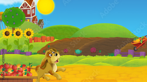 cartoon farm ranch scene with rural wooden house - illustration © honeyflavour